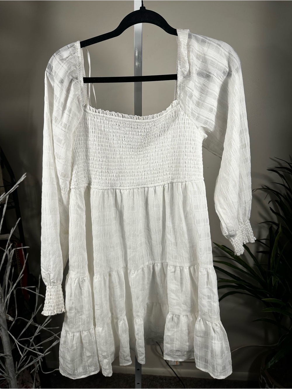 N175. Allison + Kelly White Smocked Tiered Long-Sleeve Mini Dress